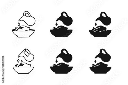 Cultural Hygiene Icons. Cultural approaches to hygiene. Icon set. Set Logo of cultural hygiene: traditional handwashing bowl. harmonious logo variations of the