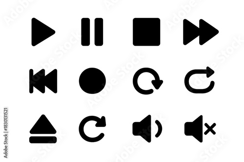 Media Control Icons. Media buttons. Solid icon set of Media buttons: play, pause, stop, fast forward, rewind, skip, record, loop, eject, repeat, volume icon,