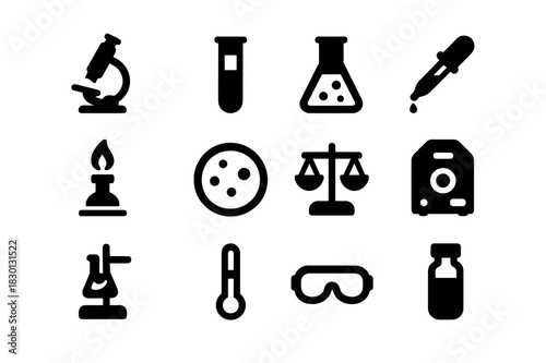 Lab Equipment Icons. Lab equipment. Solid icon set of Lab equipment: microscope, test tube, flask, pipette, Bunsen burner, petri dish, balance scale,