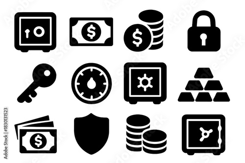 Secure Money Icons. Money in safe. Solid icon set of Money in safe: safe box, dollar bills, coins, lock, key, combination dial, vault door, gold bars, cash