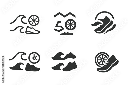 Triathlon Logo Variations. Triathlon. Icon set. Set Logo of triathlon: wave, wheel, and shoe. harmonious logo variations of the same emblematic concept, each