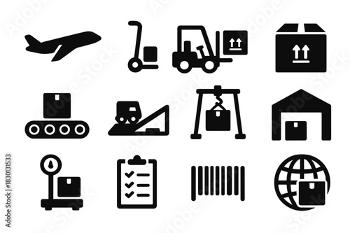 Air Cargo Icons. Air Cargo Handling. Solid icon set of Air Cargo Handling: airplane, pallet jack, forklift, cargo box, conveyor, loading ramp, crane,