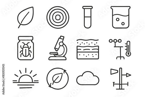 Environmental Science Icons. Environmental science. Line icon set of environmental science: leaf icon, tree ring, test tube, water sample, bug in