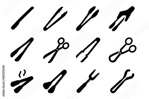 Tongs Icon Set. Tongs. Solid icon set of Tongs: kitchen tongs, barbecue tongs, salad tongs, hand holding tongs, grip icon, forked tip,