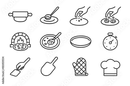 Pizza Preparation Icons. Pizza preparation steps. Line icon set of pizza preparation steps: rolling dough, spreading sauce, sprinkling cheese, adding toppings,