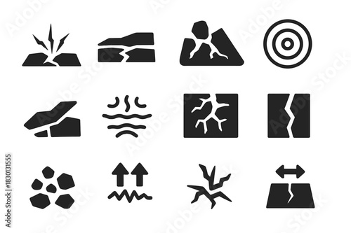 Ground Effects Icons. Ground effects. Solid icon set of Ground effects: cracks, fissures, soil shift, rock displacement, landslide icon, ripple lines, ground