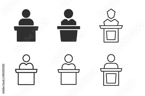 Courtroom Logo Variations. Courtroom scene with defendant. Icon set. Set Logo of courtroom: courtroom podium and person. harmonious logo variations of the same