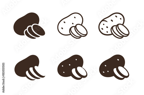 Diverse Potato Icons. Potato. Icon set. Set Logo of Potato: Sliced Potato. harmonious logo variations of the same emblematic concept, each with different