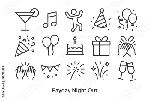 Celebration Icons Set. Payday Night Out. Line icon set of Payday Night Out: cocktail glass, music note, dancing figure, party hat, confetti, balloons, cake,