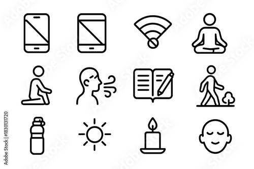 Digital Mindfulness Icons. Digital Mindfulness. Line icon set of Digital Mindfulness: smartphone off, tablet off, no Wi-Fi, meditation, yoga, breathing