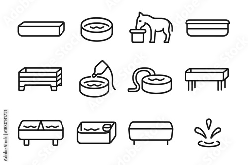 Water Trough Icons. Watering trough. Line icon set of watering trough: rectangular trough, round trough, animal drinking, metal trough, wooden trough, water