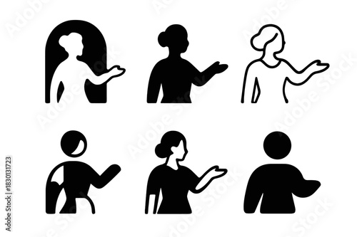 Hostess Logo Variations. Hostess. Icon set. Set Logo of Hostess: silhouette offering a warm welcome. harmonious logo variations of the same emblematic concept,