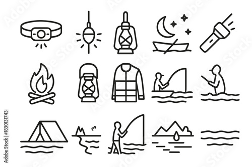 Night Fishing Icons. Night fishing. Line icon set of night fishing: headlamp, glowing bobber, moon over boat, flashlight, fire by shore, lantern, starry sky,