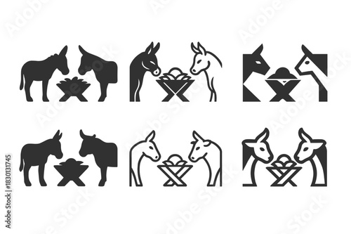 Nativity Scene Logos. Nativity scene. Icon set. Set Logo of nativity scene: Donkey and ox by the manger. harmonious logo variations of the same emblematic