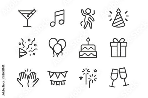 Celebration Icons Set. Payday Night Out. Line icon set of Payday Night Out: cocktail glass, music note, dancing figure, party hat, confetti, balloons, cake,