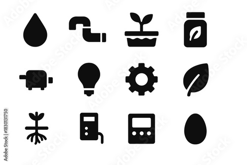 Hydroponic Icons Grid. Hydroponic system. Solid icon set of hydroponic system: water droplet, tube, tray, plant, nutrient bottle, pump, light bulb, gear, leaf,