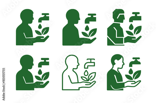 Nature Habit Icons. Nature-friendly habits. Icon set. Set Logo of nature habits: person conserving water. harmonious logo variations of the same emblematic