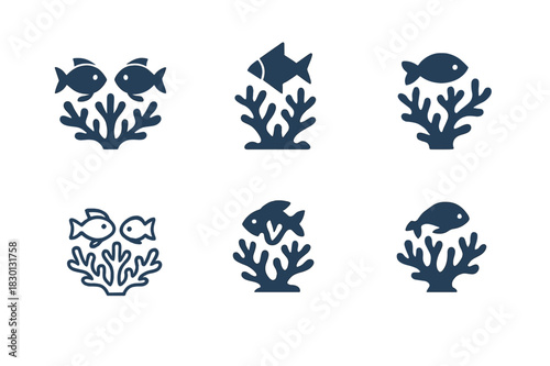 Coral Reef Logos. Coral reefs and marine life ecosystems. Icon set. Set Logo of coral reefs: fish swimming around coral. harmonious logo variations of the same