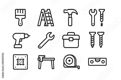 Home Improvement Icons. Home Improvement. Line icon set of Home Improvement: paintbrush, ladder, hammer, screwdriver, drill, wrench, toolbox, screws, wall