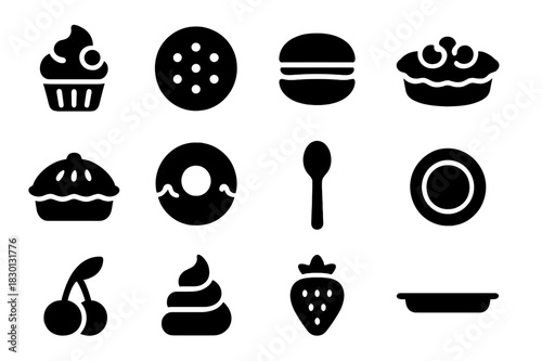 Mini Dessert Icons. Mini Desserts. Solid icon set of Mini Desserts: cupcake, cookie, macaron, tart, pie, donut, spoon, plate, cherry, frosting swirl,