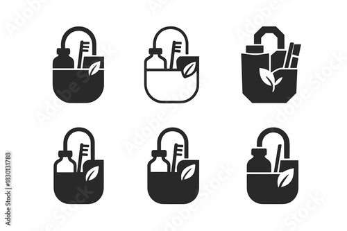 Eco-Friendly Logo Set. Sustainable home products. Icon set. Set Logo of eco home item: zero-waste starter kit. harmonious logo variations of the same