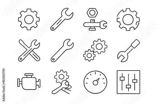 Mechanical Icon Set. Mechanical settings. Line icon set of mechanical settings: metal gear, hand tool, nut and bolt, gear rotation, tool icon, adjustment