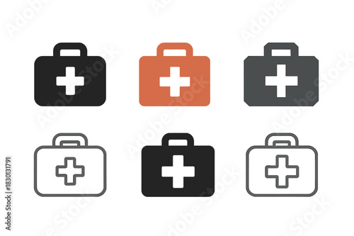 First Aid Logo Set. First aid training courses. Icon set. Set Logo of first aid: first aid kit with cross. harmonious logo variations of the same emblematic