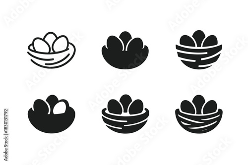 Nest Logo Variations. Nest. Icon set. Set Logo of nest: bird nest with eggs. harmonious logo variations of the same emblematic concept, each with different