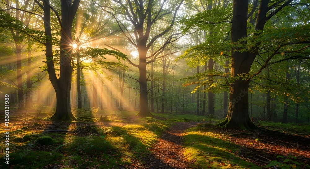 Obraz premium Sunlight streams through forest trees creating a natural scenic landscape