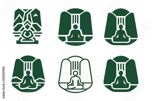 Wellness Tourism Logos. Nature-based wellness tourism. Icon set. Set Logo of wellness tourism: waterfall and meditation spot. harmonious logo variations of the