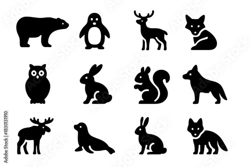 Winter Animals Icons. Winter animals. Solid icon set of Winter animals: polar bear, penguin, reindeer, fox, owl, rabbit, squirrel, wolf, moose, seal, snow