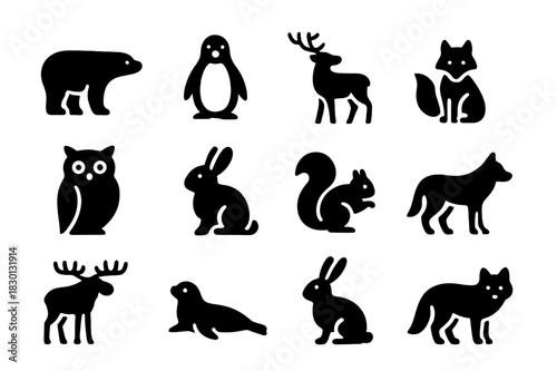 Winter Animals Icons. Winter animals. Solid icon set of Winter animals: polar bear, penguin, reindeer, fox, owl, rabbit, squirrel, wolf, moose, seal, snow
