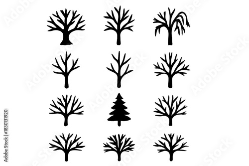 Winter Forest Icons. Winter forest. Solid icon set of winter forest: bare oak, bare pine, bare birch, bare maple, bare willow, bare cherry, bare elm, bare ash,