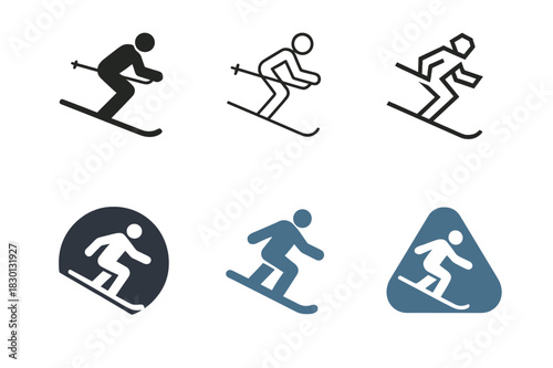 Winter Sports Icons. Skiing or snowboarding down a snowy mountain slope. Icon set. Set Logo of winter sports scene. harmonious logo variations of the same
