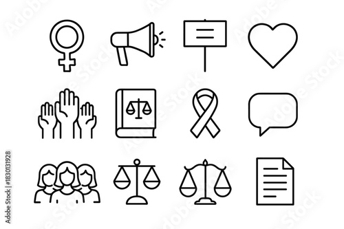 Women's Rights Icons. Women?s rights. Line icon set of women?s rights: Venus symbol, megaphone, protest sign, equality sign, heart, raised hands, law book,