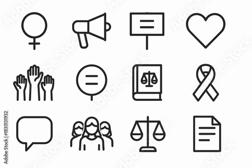 Women's Rights Icons. Women?s rights. Line icon set of women?s rights: Venus symbol, megaphone, protest sign, equality sign, heart, raised hands, law book,