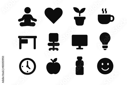 Workplace Wellness Icons. Wellness at work. Solid icon set of wellness at work: yoga pose, heart, plant, coffee cup, desk, chair, computer, light bulb, clock,