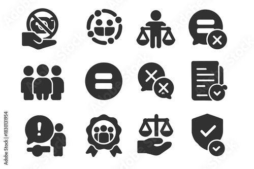 Workplace Ethics Icons. Workplace ethics. Solid icon set of Workplace ethics: no bribe icon, teamwork circle, fair pay, diversity icon, equal sign,