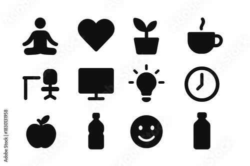 Workplace Wellness Icons. Wellness at work. Solid icon set of wellness at work: yoga pose, heart, plant, coffee cup, desk, chair, computer, light bulb, clock,