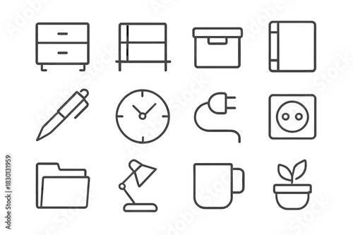 Workspace Essentials Icons. Workspace organization. Line icon set of workspace organization: drawer, shelf, storage box, notebook, pen, clock, cable, power