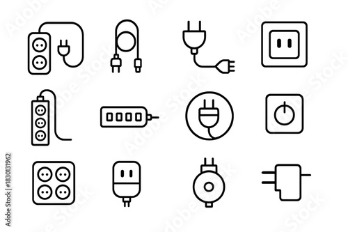 Workstation Power Icons. Workstation power. Line icon set of workstation power: power strip, extension cord, plug, wall socket, surge protector, USB hub, cable