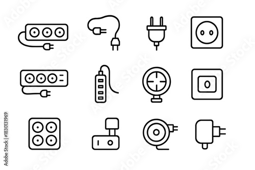 Workstation Power Icons. Workstation power. Line icon set of workstation power: power strip, extension cord, plug, wall socket, surge protector, USB hub, cable
