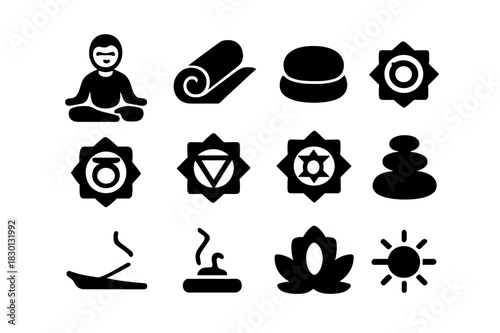 Zen Icon Set. Calm Sitting. Solid icon set of person cross-legged, lotus pose, hands on knees, calm face, closed eyes, yoga mat, cushion, chakra symbols, zen