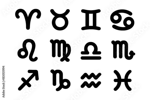 Zodiac Icons Grid. Zodiac signs. Solid icon set of zodiac signs: Aries, Taurus, Gemini, Cancer, Leo, Virgo, Libra, Scorpio, Sagittarius, Capricorn, Aquarius,