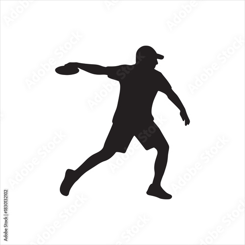 Silhouette of Disc Golfer Throwing Frisbee Isolated on White Background with Dynamic Pose and Sport Concept
