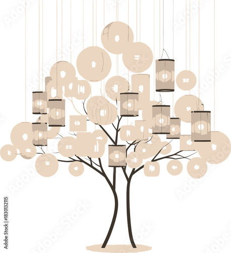 Tree shaped chandelier isolated on white background with many light bulbs