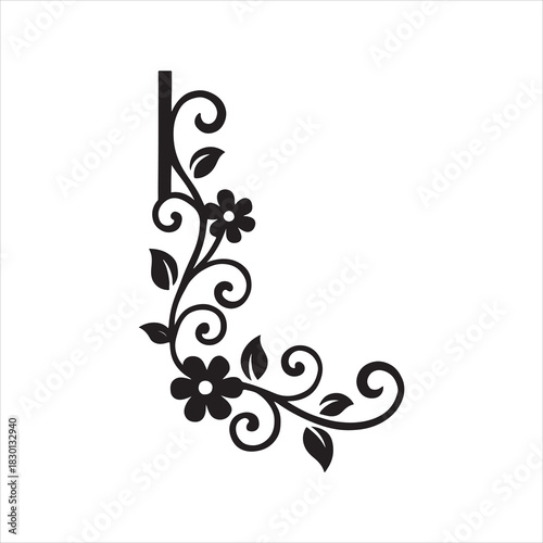 Elegant Floral Corner Design with Vine and Flowers in Black and White for Decoration and Invitations
