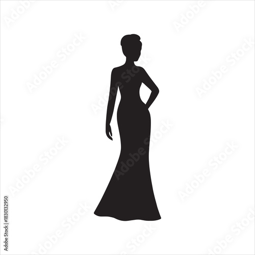 Elegant woman silhouette in a long evening dress standing gracefully with hand on hip illustration for design and creativity