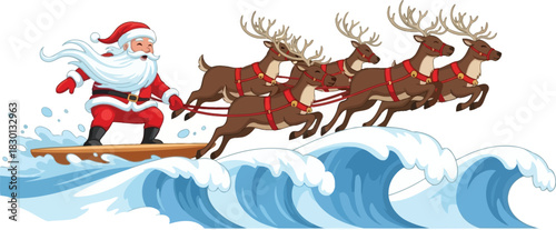 Santa claus riding surfboard with reindeer sleigh isolated on white background