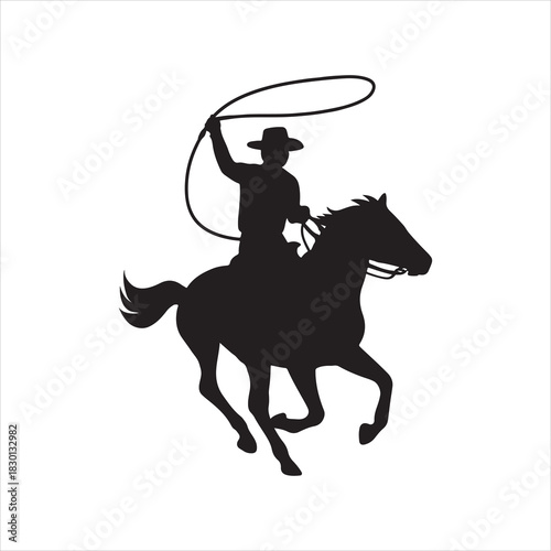 Silhouette of a Cowboy Riding a Horse and Spinning a Lasso on a White Background Image
